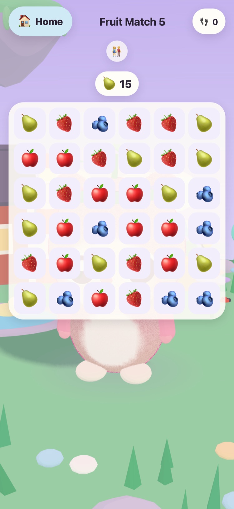 Fruit Match: a board of apples, pears and blueberries to line up in threes