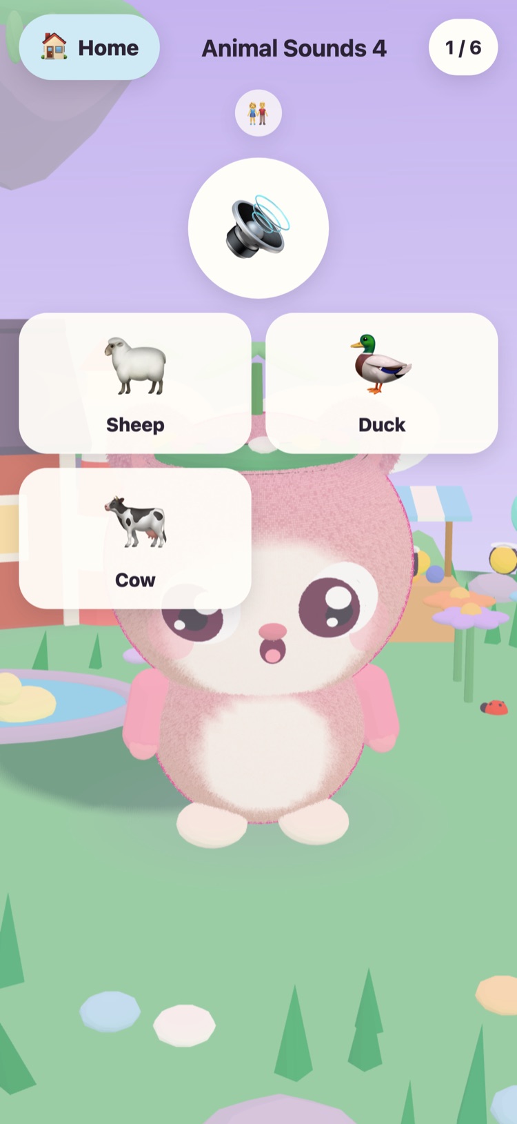 Animal Sounds: a big listen button and pictures of a sheep, a duck and a cow