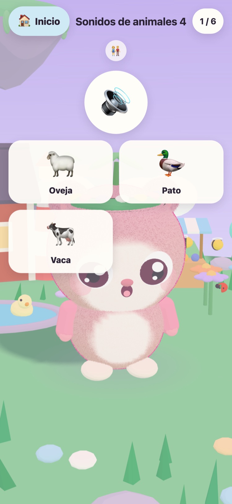 Sonidos de animales: un gran botón para escuchar y dibujos de una oveja, un pato y una vaca