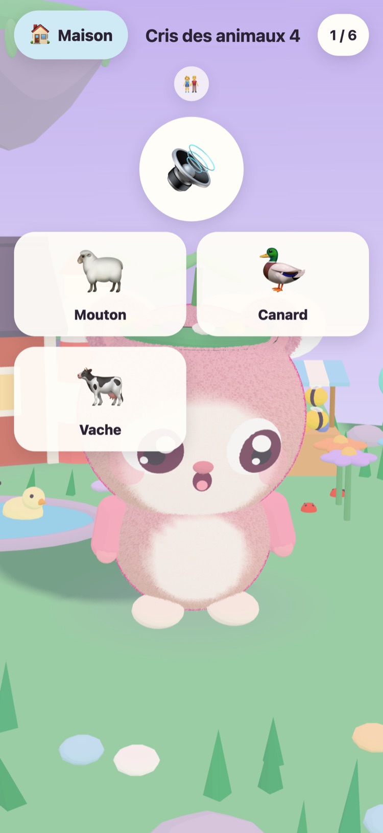 Cris des animaux : un grand bouton pour écouter et les images d'un mouton, d'un canard et d'une vache
