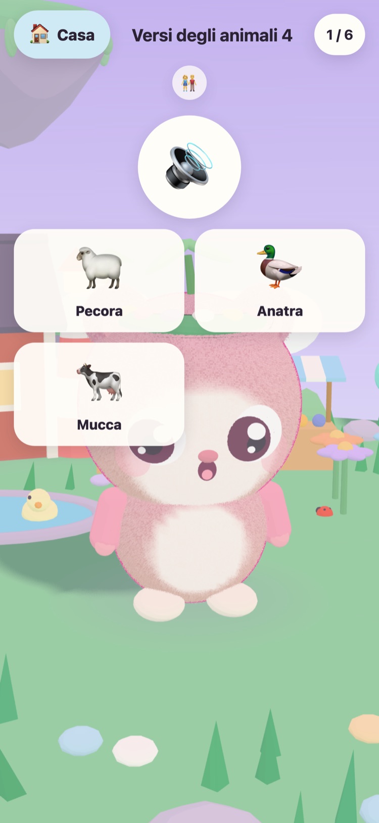 Versi degli animali: un grande pulsante per ascoltare e le figure di una pecora, un'anatra e una mucca