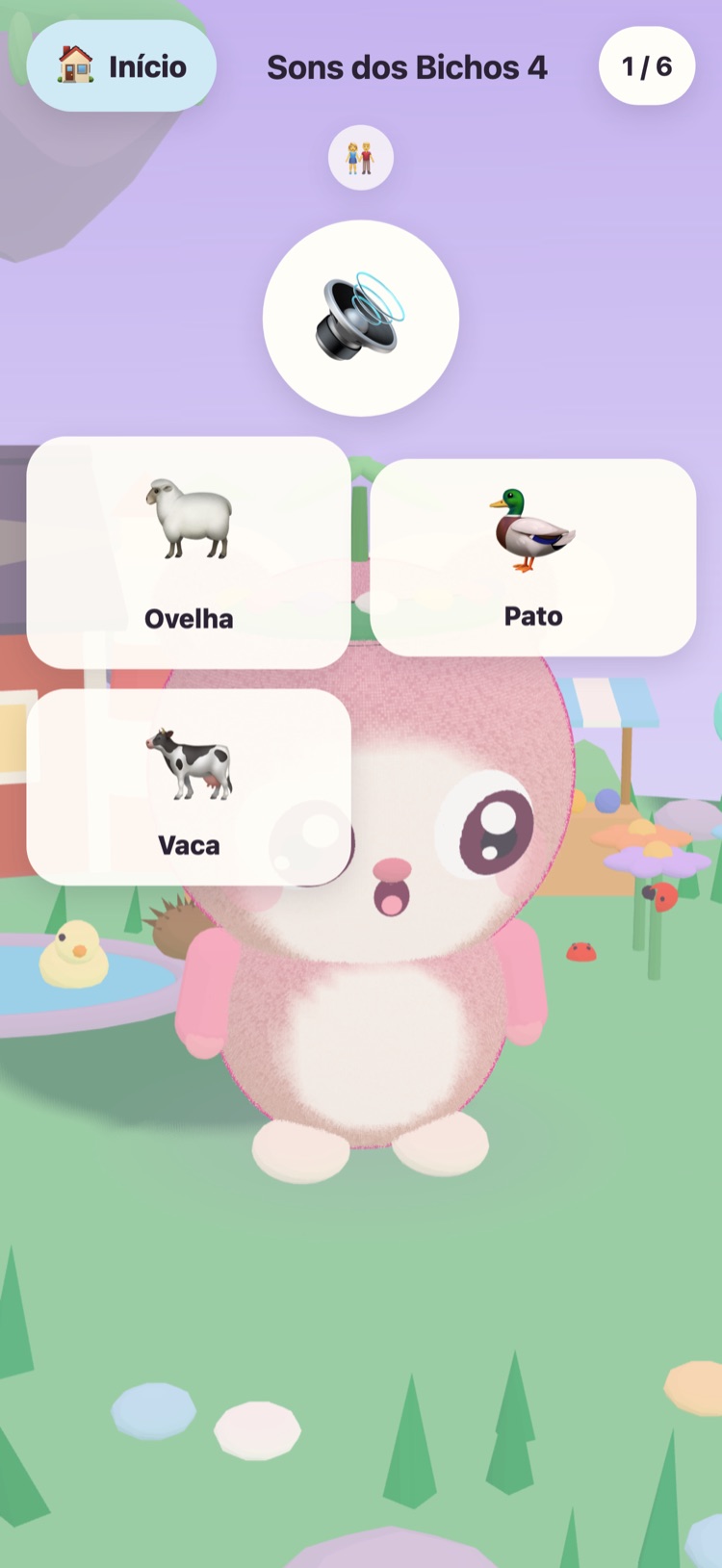 Sons dos Bichos: um botão grande para ouvir e figuras de uma ovelha, um pato e uma vaca