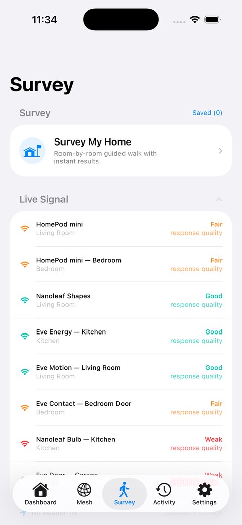 Survey screen listing live signal quality per device
