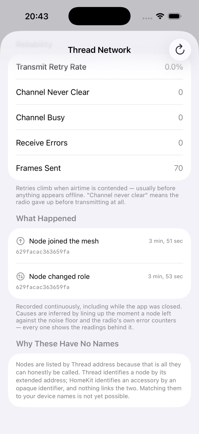 Event list showing a node that changed role, with reliability counters above